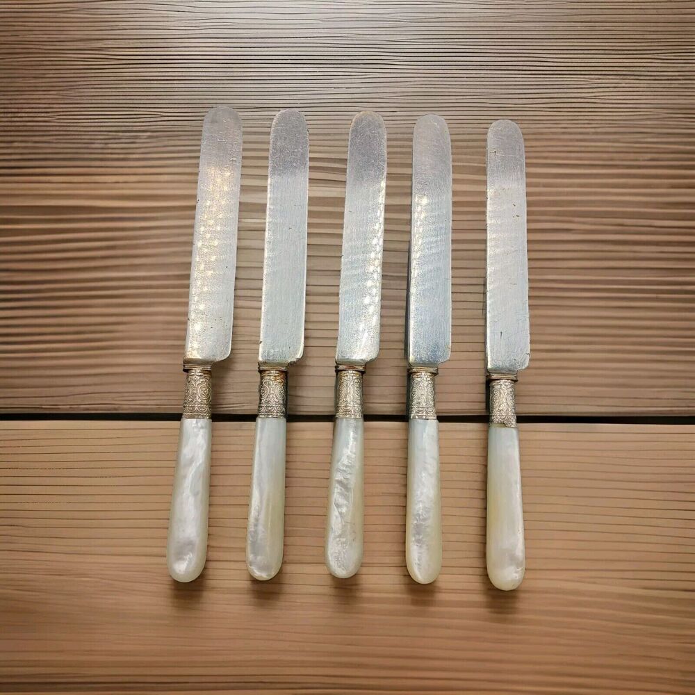 1834 J Russell & Co Knife 5pcs Silverplate Ferrule Blunt End MOP Antique Pearl